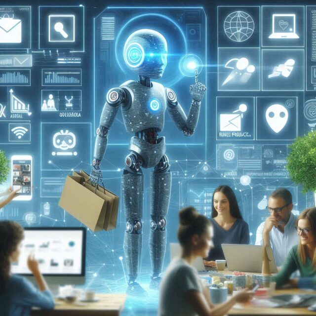 A futuristic AI creating Social media Ads and PEople Buying products online